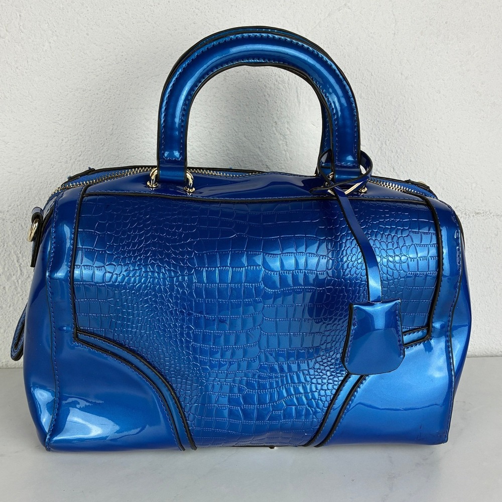Blue Croc Embossed Patent Satchel Bag - Medium - Y2K Glam Maximalist Handbag